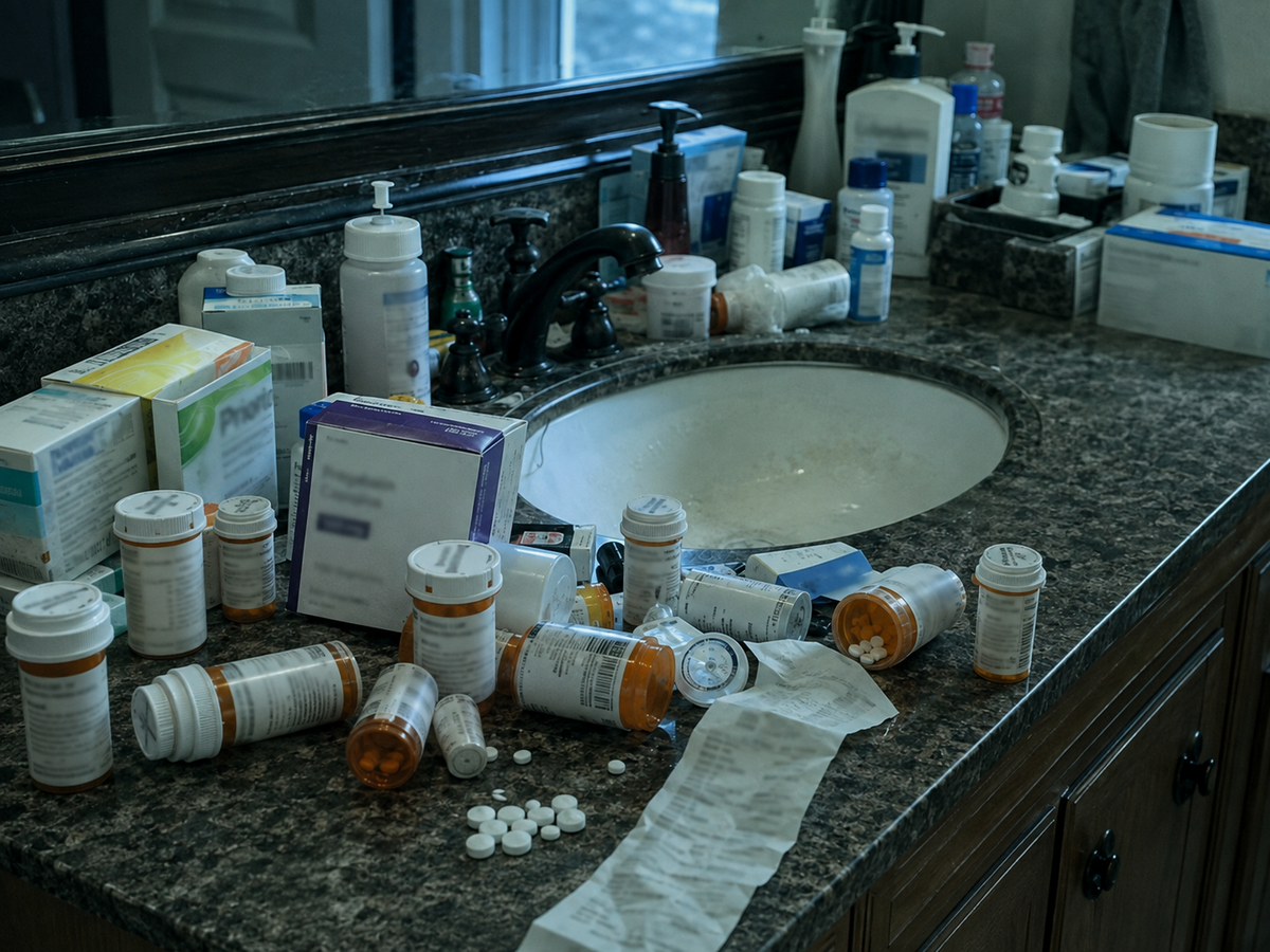Prescription pill bottles on a bathroom counter