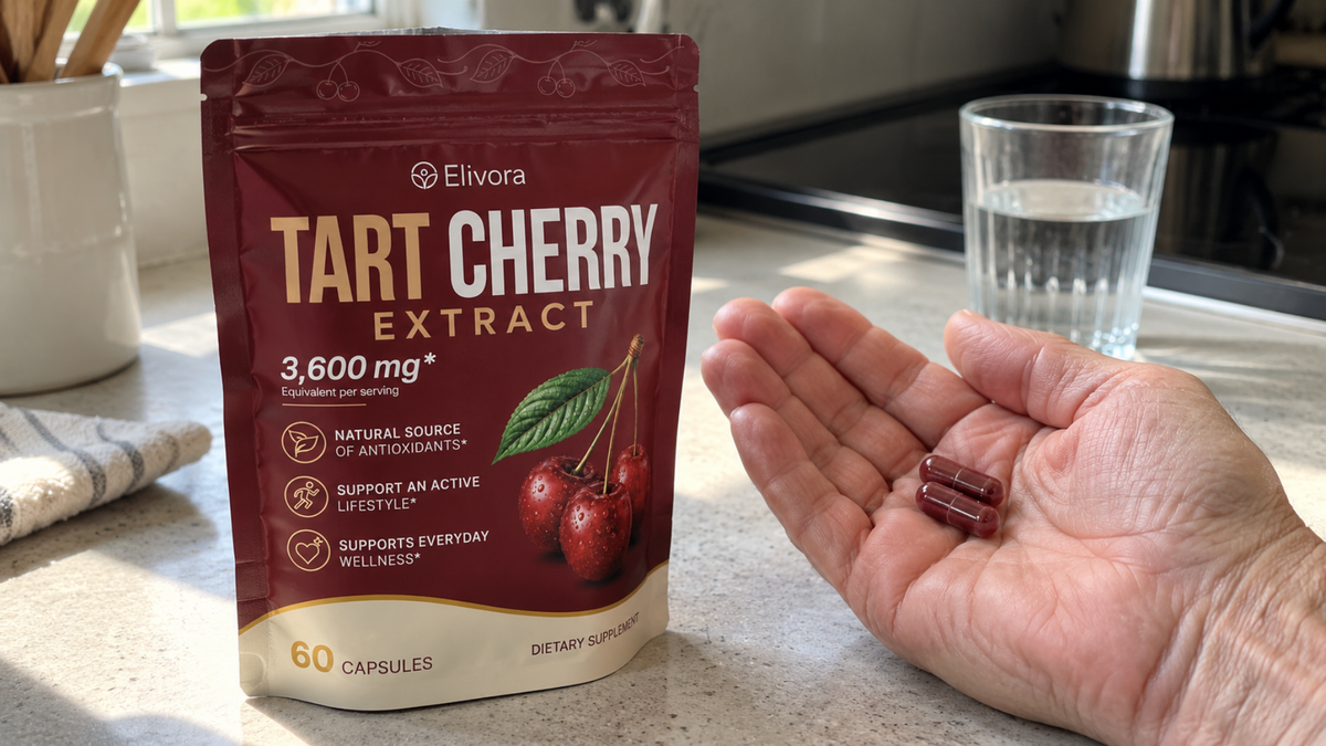 Elivora red pouch with two capsules in man's palm