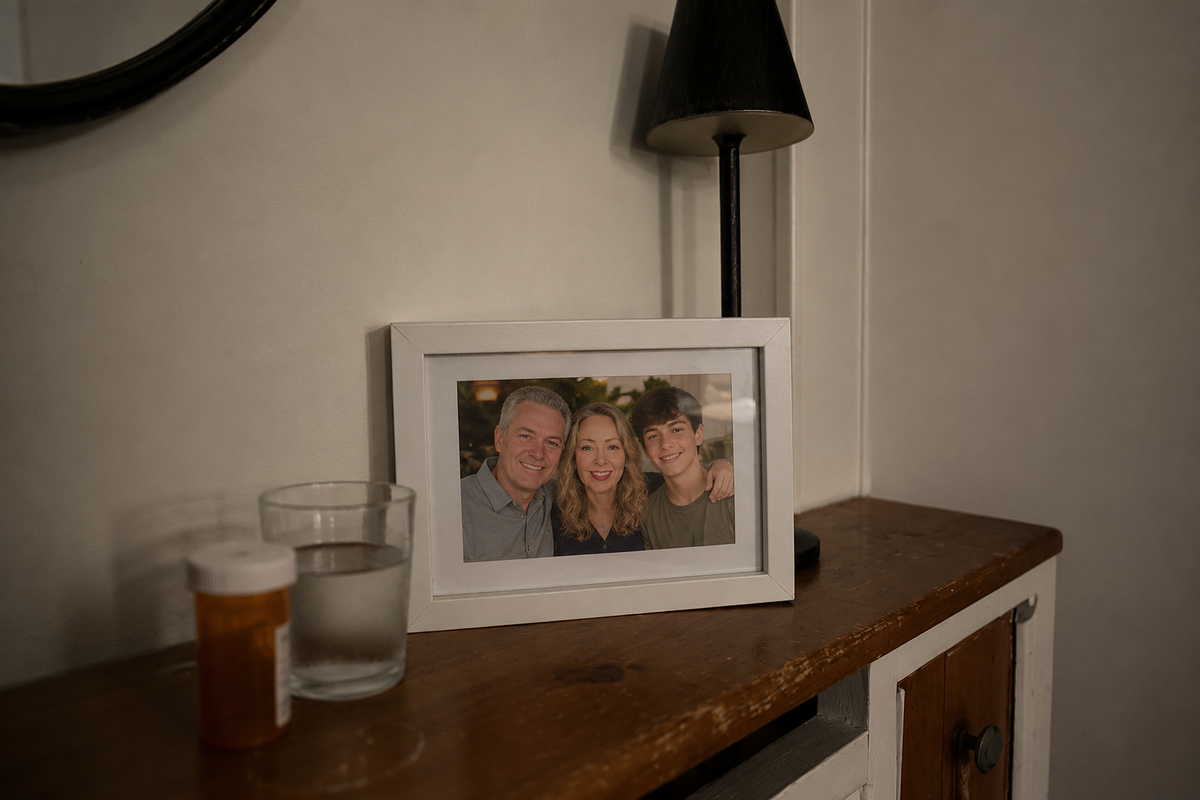 Family photo on nightstand beside prescription bottle