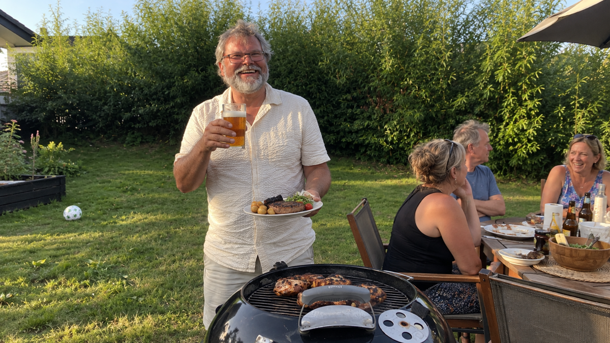 Man 55+ at backyard BBQ with family