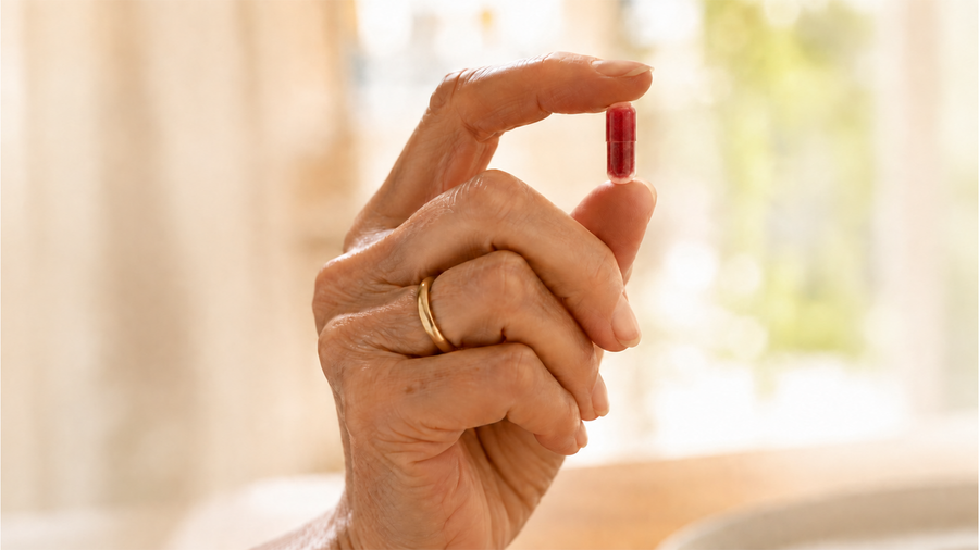 Hand holding a dark cherry capsule