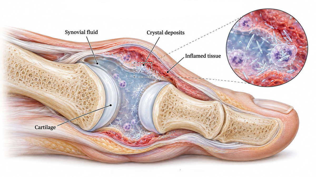 Medical illustration of uric acid crystal deposits inside a gout-affected joint