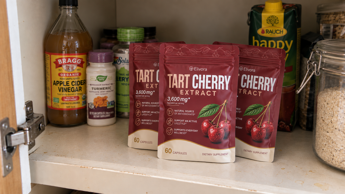 Shelf of supplements and remedies with Elivora red bag