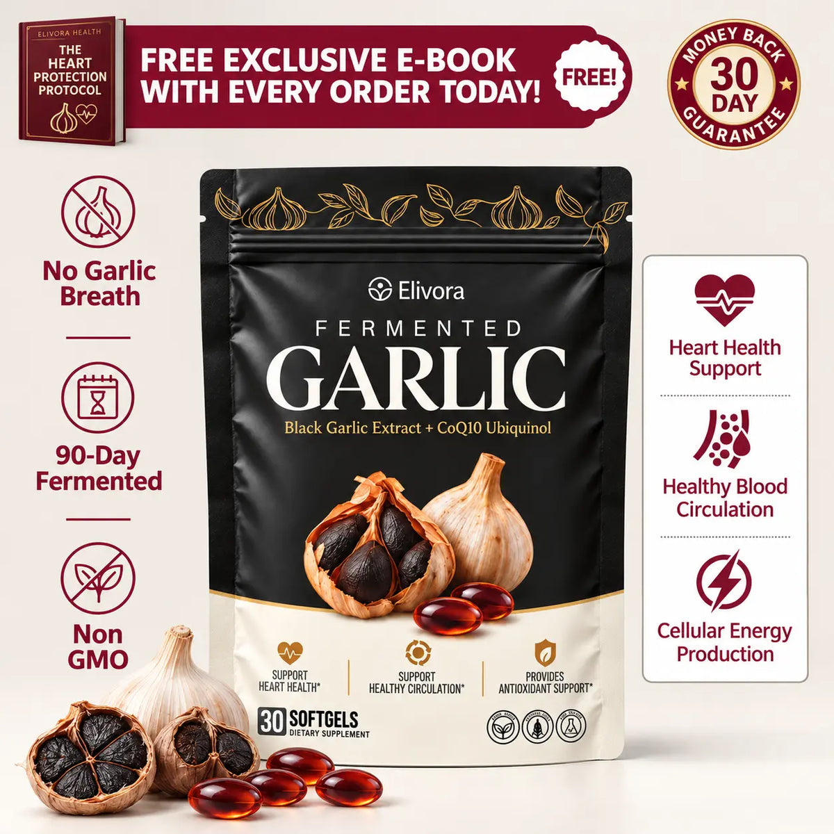 Fermented Black Garlic Extract + CoQ10 Ubiquinol - 6000mg Odorless Softgels